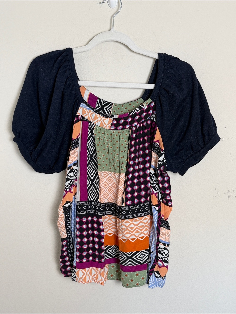 Maeve Cataina Patchwork Puff Sleeve Blouse Size Medium Boho